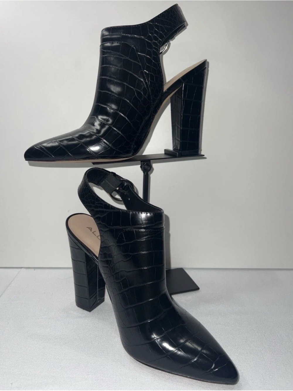 Aldo Black Croc-Embossed Pointed Slingback Block Heels 10 Black